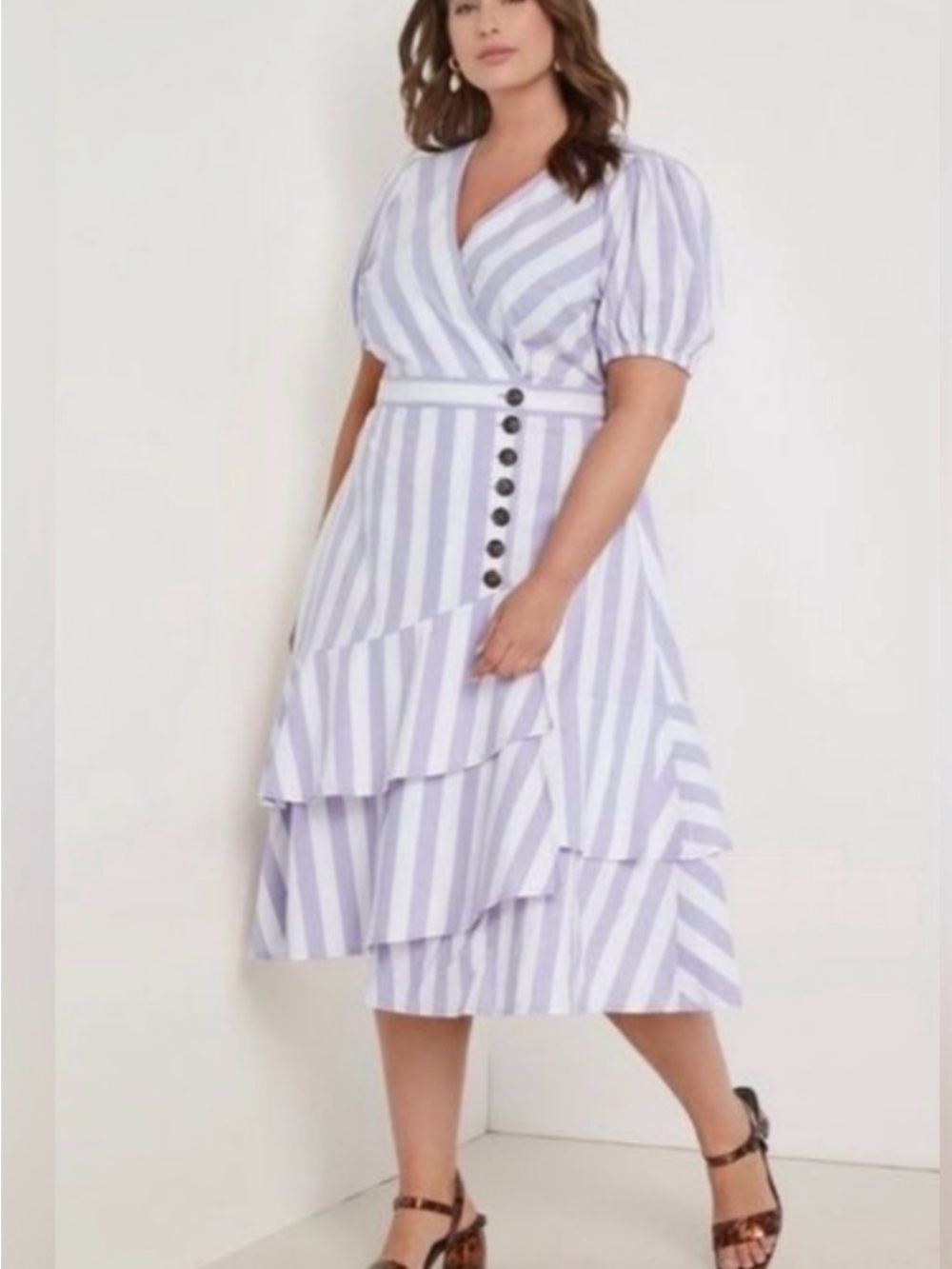 ELOQUII Plus Size 14 Striped Midi Dress Cotton Puff Sleeve Asymmetric Ruffle
